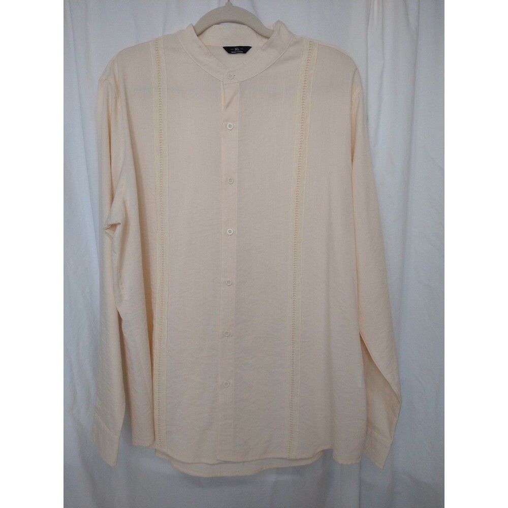 Mens Linen Cotton Band Collar Button Up Long Sleeve Shirt Size XL Ivory Cream